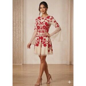 Frock & Embroidered Dress Womens Mini Nude red floral embroider Skater Size 6